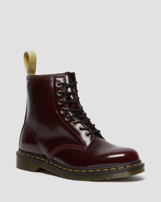 Vegan Doc Martens, Cherry Red Dr Martens, Red Dr Martens, Black Lace Up Ankle Boots, Red Doc Martens, Vegan Heels, Yellow Heels, Martens Boots, Vegan Boots