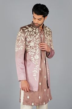 Chickoo italian cotton front-open jacket with floral and thread embroidery. Comes with aligadi pant and a kurta. - Aza Fashions Spring Bandhgala With Floral Embroidery, Spring Floral Embroidered Sherwani With Traditional Drape, Spring Floral Embroidery Sherwani With Traditional Drape, Spring Floral Embroidery Bandhgala, Spring Embroidered Bandhgala With Traditional Drape, Spring Embroidered Traditional Bandhgala, Spring Sherwani With Intricate Embroidery And Traditional Drape, Spring Bandhgala With Intricate Embroidery And Traditional Drape, Wedding Cotton Sherwani With Floral Embroidery