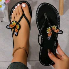 Womens Butterfly Flip Flop Sandals Black Flat Flip Flops For Summer, Black Flat Heel Flip Flops For Beach, Black Flat Sandals For The Beach, Black Flat Sandals For Beach, Black Flat Heel Sandals For Beach Season, Black Open Toe Sandals For Beach Season, Black Sandals For Beach Season, Black Round Toe Flip Flops For Beach Season, Black Flip Flops For Summer Vacation