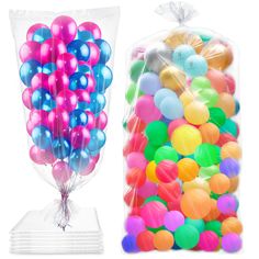 there are many different colored balloons in the bag and one is filled with plastic balls