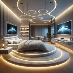 a modern bedroom with round bed and circular lighting