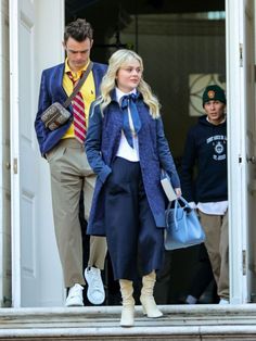 Gossip Girl Audrey Hope Suiting Fabric Blue Coat Gossip Girl 2021 Outfits, Gossip Girl Clothes, Emily Lind, Alex Perry Dress, Gossip Girl 2021, Tommy Hilfiger Joggers, Evan Mock, Balmain Sweater