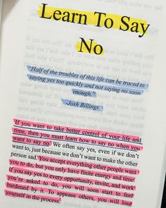 an open book with the words learn to say no written in different colors on it