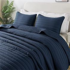 a bed with blue comforter and pillows on it in a room next to a plant