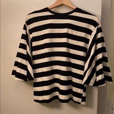 Cotton Black White Striped Flowing Sleeve Tee Never Used Size S But Fits A Bit Loosely Will Fit M Black And White Striped Long Sleeve, Black And White Crew Neck Tops For Spring, Black And White Short Sleeve Top For Spring, White Striped Shirt Outfit, Slasher Summer, Outfits With Striped Shirts, Black And White Striped Shirt, Black And White Striped Top, Black And White Tees