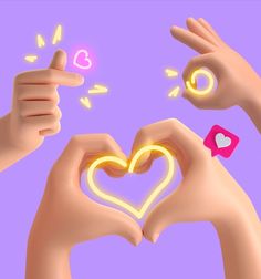 two hands making a heart shape with neon lights on their fingers and the other hand is holding an object