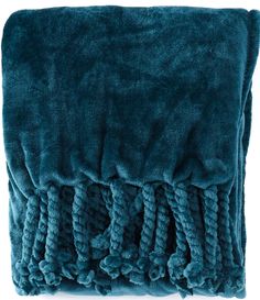 a blue blanket with fringes on it