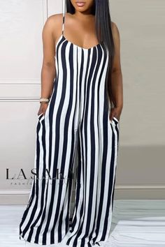 Lasaky - Chic Monochromatic Striped Print Backless Spaghetti Strap Jumpsuit for an Alluring Casual Look Black Spaghetti Straps Jumpsuits And Rompers, White Casual Strapless Jumpsuit For Summer, Casual White Strapless Jumpsuit For Summer, White Strapless Casual Jumpsuit For Summer, Black Spaghetti Strap Jumpsuits And Rompers For Summer, Chic Spaghetti Strap Jumpsuits And Rompers For Vacation, Chic Jumpsuit With Spaghetti Straps For Vacation, Casual Jumpsuits And Rompers With Spaghetti Straps, White Casual Strapless Jumpsuit For Party