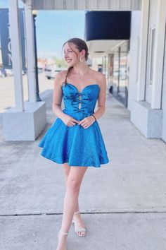 Strapless Blue A-line Short Homecoming Dress with Bow Elegant A-line Corset Dress For Homecoming, Blue Corset Dress For Gala During Prom Season, A-line Corset Dress For Prom Season, Blue Evening Dress With Sweetheart Neckline And Corset Back, Strapless Dress With Bow Tie Back For Gala, Strapless Cocktail Dress With Bow Tie Back, A-line Dresses With Corset Back For Homecoming, Strapless Sweetheart Neckline Fit And Flare Evening Dress, Strapless Prom Dress With Bow Tie Back