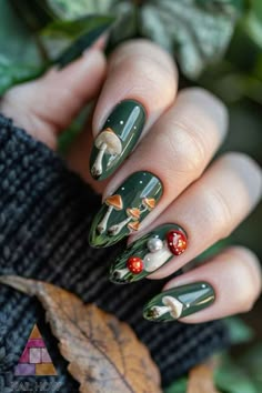 Mushroom Forest Nails, Forest Nails Acrylic, Forest Witch Nails, Dark Forest Nails, 3d Mushroom Nails, Green Forest Nails, Nail Art Mushroom, Nature Inspired Nails