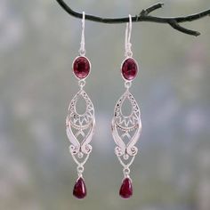 Long Ruby and Garnet Earrings in Sterling Silver from India - Mughal Mystery | NOVICA Ornate Sterling Silver Earrings With Elegant Design, Elegant Garnet Drop Earrings, Elegant Ruby Chandelier Dangle Earrings, Elegant Garnet Earrings, Elegant Garnet Teardrop Earrings, Elegant Teardrop Chandelier Earrings In Sterling Silver, Red Sterling Silver Filigree Earrings, Elegant Drop Garnet Jewelry, Elegant Handmade Garnet Earrings