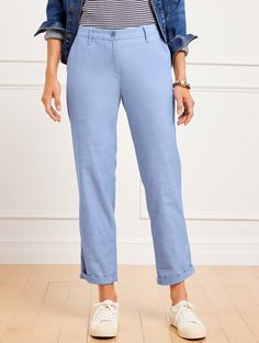 Relaxed fit. Unbeatable comfort. In classic chambray. Roll with it. Features Relaxed leg Hits below waist Ankle length Fly front with button closure Front slash, back welt pockets Imported Fit: Rolled inseam: Misses: 27"; Petite: 24 1/2"; Plus: 27"; Plus Petite: 24 1/2" Unrolled inseam: Misses: 29 1/2"; Petite: 27"; Plus: 29 1/2"; Plus Petite: 27" Material: 100% Cotton Care: Machine wash cold; tumble dry low | Relaxed Chinos Pants - Newport Chambray - 100% Cotton Talbots Chinos Pants, Welt Pockets, Modern Classic, Newport, Welt Pocket, Chambray, Ankle Length, Relaxed Fit, Pants