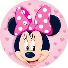 a minnie mouse with a pink bow on it's head and hearts in the background