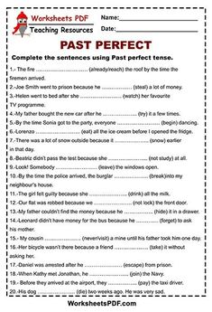 worksheet for reading past perfect tenses with pictures and words on the page