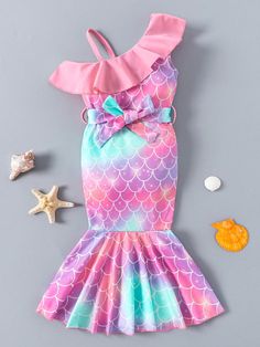 Multicolor Party Collar Sleeveless Fabric Ombre,Fish Scales,Flamingo Cami Embellished Slight Stretch  Young Girls Clothing Fish Tail Dress, Tail Dress, Mermaid Pattern, Fish Tail, Fish Scales, Girls Clothing, Ruffle Hem, Dress P, Flamingo