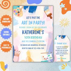 Celebrate creativity and fun with this Editable Art Paint Birthday Party Invite! Designed with a beautiful watercolor art theme, this invitation is perfect for a girls' paint party, art-themed birthday, or even a virtual art party. Fully customizable and easy to edit, it's ideal for adding a personal touch to your special event. This digital invitation includes a free thank you card, making it a complete party package! Instantly download the invite, edit it at your convenience, and print or send Watercolor Art Birthday, Paint Birthday Party, Painting Birthday Party, Free Thank You Cards, Birthday Party Invite, Digital Invite, Art Aquarelle, Virtual Art, Art Theme