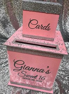 a pink box with silver glitter on it and the words grandma's sweet 16