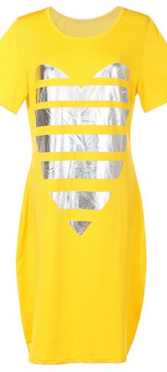 Sizes 10-20 Bodycon Mini Dress - Plus Size thigh length dress with short sleeves, round neck, and shiny metallic silver heart graphic print. Comes in yellow, pink, or blue. Love this cute, trendy, & girly heart print  for a valentine's day party outfit idea. Bold statement style, plus size clothing, curvy girl fashion,. Affiliate Link. Mini Dresses Party, Dress Pro, Plus Size Bodycon Dress, Plus Size Summer Dress, Long Tshirt Dress