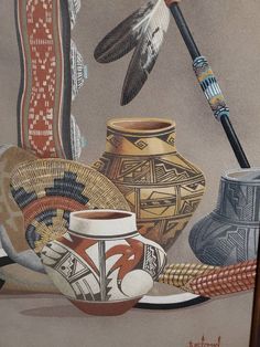 a painting of vases and feathers on a table