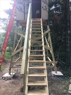 there is a ladder going up the side of a tree house that has been built