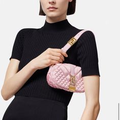 Versace Baby Pink Greca Goddess Satin Mini Bag Nwt Luxury Pink Square Bag, Luxury Pink Square Bags, Pink Luxury Square Shoulder Bag, Luxury Pink Square Shoulder Bag, High-end Pink Shoulder Bag With Gold-tone Hardware, Versace Bags, Slipper Shoes, Gianni Versace, Product Label