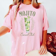 Mojito Social Club Comfort Color Tee - Limeberry Designs Summer Crew Neck Top For Brunch, Summer Graphic Print T-shirt For Brunch, Summer Graphic Tee For Brunch, Spring Brunch Graphic Tee T-shirt, Spring Brunch Graphic Tee Shirt, Spring Brunch Graphic Tee, Summer Brunch Cotton T-shirt, Spring Graphic Tee For Brunch, Trendy Summer T-shirt For Brunch