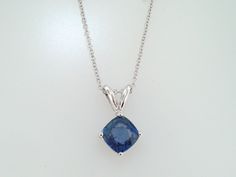 "HERE IS BEAUTIFUL CUSHION CUT CEYLON BLUE SAPPHIRE SOLITAIRE PENDANT NECKLACE 14 KARAT WHITE GOLD AVAILABLE YELLOW OR ROSE GOLD TOO ASK ME PLEASE COMES WITH 16\" OR 18\" INCH CHAIN CENTER CUSHION CUT CEYLON BLUE SAPPHIRE VERY SWEET LIGHT BLUE COLOR & CLEAN SAPPHIRE !! CENTER SHAPE- CUSHION CUT CUT- VERY GOOD CLARITY- AA COLOR- BLUE CARAT- 1.16ct MEASUREMENT- 5.95 X 5.90 mm TOTAL 1.16 CARAT RETAIL PRICE IS OVER $2,800.00 COMES WITH $2,250.00 CERTIFIED APPRAISAL !! DREAM IT I\"LL MAKE IT SPEC Luxury Blue Diamond-cut Necklace, Hallmarked Sapphire Necklace, Formal Tanzanite Diamond Cut Necklace, Formal Sapphire Necklace Fine Jewelry, Classic Sapphire Necklaces With Prong Setting, Blue Diamond Necklace With Prong Setting, White Gold Tanzanite Necklace For Formal Occasions, Formal White Gold Tanzanite Necklace, Classic Tanzanite Necklaces With Diamond Cut