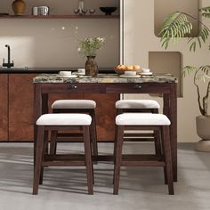 two stools sit in front of a counter with plates and bowls on it next to a potted plant