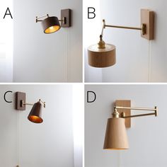 four different views of the same light fixture on a white wall, one with two lamps and one without