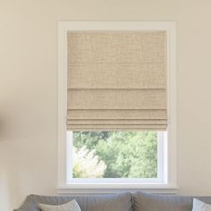 a living room with a gray couch and window