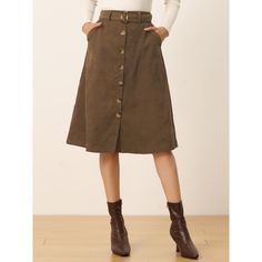 Indulge in a perfect blend of comfort and style with this ribbed corduroy A-line skirt. The high-fitted waist and slightly flared hem add a touch of elegance to the skirt, while the matching waist tie accentuates your curves, creating a flattering silhouette. The elastic waist and belted detail make it comfortable to wear all day long. This versatile skirt is suitable for any occasion, be it a party, a day out shopping, or a day at the office. The midi length adds a touch of sophistication to th Corduroy Midi Skirt, Button Front Skirt, Midi Flare Skirt, Corduroy Fabric, Midi Length Skirts, Fall Skirts, Women's Skirts, Womens Clothing Sizes, Bottom Clothes