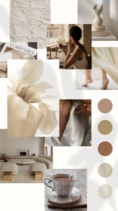 a collage of photos with different colors and shapes on them, including white flowers