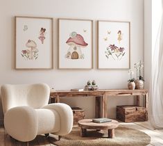 a living room filled with furniture and paintings on the wall