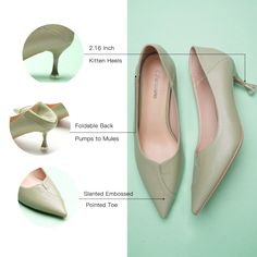 ▼Description These pointed-toe pumps are perfect for the office. They feature a two-layer design and a soft lychee leather finish that will complement a wide range of outfits in your wardrobe. The kitten heels offer just the right amount of lift for all-day wear. The foldable back pad adds a mule-inspired ease. Pair them with your favourite pantsuit or a pencil skirt on office days. ◄Details ‧ Upper: Vegan Leather‧ Lining: Lambskin‧ Memory Foam Pad‧ Sole: Rubber‧ Pointed Toe‧ Kitten Heel‧ Slip-o Pumps Heels Stilettos, Leather Finish, Layer Design, Of Outfits, Gemstone Necklace Pendant, Kitten Heel, Layers Design, Metal Buckles, Gemstone Pendant