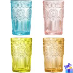 PRICES MAY VARY. VINTAGE CHARM: Add a touch of timeless elegance to your drinkware collection with these vintage drinking glasses. The colored glassware and delicate embossed design evoke a sense of nostalgia and sophistication, perfect for any occasion. VERSATILE USE: These drinking glasses hold 12 ounces of liquid and are perfect for enjoying coffee, tea, juice, wine, cocktails, and more. The multi-purpose design makes them ideal for both casual and formal settings, from daily use to special o Cups For Coffee, Glass Cup Set, Unique Glassware, Wedding Reception Table Decorations, Vintage Drinking Glasses, Colorful Dishes, Pink Glassware, Cocktail Shaker Set, Drinkware Sets