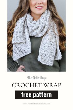 a woman wearing a white crochet wrap with text overlay that says, the kale wrap crochet wrap free pattern