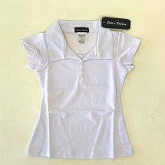 Made Of A Durable Cotton Blend With A Feminine, Slim Fit Silhouette, This Preppy Polo Is A Versatile Wardrobe Staple. Has Built In Bralette Lining. Buttons Have Some Extra Threading Around It. New With Tags. 65% Cotton / 35% Polyester Machine Wash Imported Classic Fitted School T-shirt, White Stretch Collared Top, Classic Fitted Tops For School, Classic Short Sleeve Tops For School, Classic Short Sleeve School Tops, Fitted Tops For School, Casual Stretch Tops For School, Fitted White Plain Tops, White Fitted Plain Tops