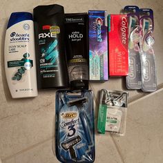 Men’s Personal Care Bundle. All For $25 - Head And Shoulders -Axe Body Wash Tresemme Hair Gel -Crest Toothpaste -Colgate Toothpaste -2 Oral B Toothbrush - Reach Floss -Bic Confort Shavers Mens Skin Care Gifts, Beauty Box For Men, Best Body Wash For Men, Men’s Hygiene, Mens Hygiene Products, Men Hygiene Products, Hygiene Men, Toothpaste Colgate, Men Hygiene