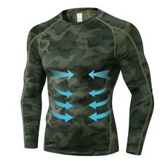 a green camo shirt with blue arrows on the chest and two rows of arms