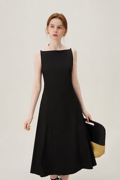 Discover timeless elegance with our French style black formal dress. This sleeveless boat neck dress features a fitted waist and fishtail hem, perfect for both formal events and professional settings. The X-shaped silhouette enhances your figure for a chic, sophisticated look. Black Boat Neck Dress, Black Boat, Black Formal Dress, Tank Top Skirt, French Women Style, Black Backless Dress, Boat Neck Dress, Black Dress Formal, Black Formal