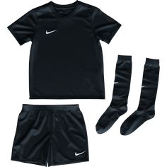 Nike Park 20 Kids' Kit. A full training set for your young player. Shorts have elastic waistband. Each item carries a swoosh logo. Jersey, short and socks made with Dri-FIT fabric that wicks sweat. 100% Polyester. Sizing Chart: Size XS (4) / Age 3-4 Yrs. / Chest (in.) 22 / Waist (in.) 21.5 / Hips (in.) 22.5 / Height (in.) 38.5-41 Size S (5) / Age 4-5 Yrs. / Chest (in.) 23 / Waist (in.) 22 / Hips (in.) 23.5 / Height (in.) 41-43 Size M (6) / Age 5-6 Yrs. / Chest (in.) 24 / Waist (in.) 22.5 / Hips Black Sporty Sets, Functional Moisture-wicking Training Set, Functional Moisture-wicking Training Sets, Black Breathable Sports Sets, Breathable Black Sports Sets, Casual Black Sets For Sports, Casual Black Sports Sets, Nike Sporty Sports Sets, Sporty Breathable Sports Set