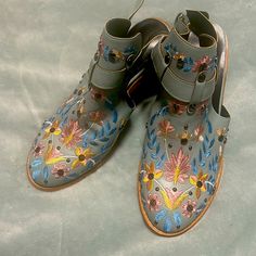 Embroidered Ankle Boot Size 6 Women’s Never Worn Ankle Strap With Buckle Color Comparison: Misty Aqua Beautiful Floral Embroidery And Detailing! Smoke Free Floral Embroidered Boots For Spring Festival, Floral Embroidery Boots For Spring Festival, Embroidered Boots For Spring Festivals, Spring Festival Embroidered Boots, Embroidered Closed Toe Summer Boots, Spring Floral Embroidered Multicolor Boots, Spring Floral Embroidered Closed Toe Boots, Spring Floral Embroidery Closed Toe Boots, Spring Festival Boots With Flat Heel