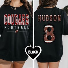 These Sweatshirts are made of high-quality cotton & polyester.  Thank you for browsing our shop, we hope you find something you enjoy!  Wear this personalized sweatshirt on game day & show off your love and support for your special player.  Super comfy and soft sweater perfect for a football mom gift *If you would like a color sweatshirt that is not offered, feel free to send us a message & we can make it happen! PRODUCT Gildan Unisex Heavy Blend crewneck sweatshirt How to order: *Please review Collegiate Crew Neck Sublimation Design For Football Season, Collegiate Black Sweatshirt For Football Season, College Team Name Sweatshirt For Fall, School Spirit Sweatshirt With Team Name For Fall, Black Football Season Sweatshirt, Black Sweatshirt For Game Day Sports Season, Black Sweatshirt For Game Day, College Football Season Fan Apparel Sweatshirt, Black Team Spirit Sweatshirt For Fall