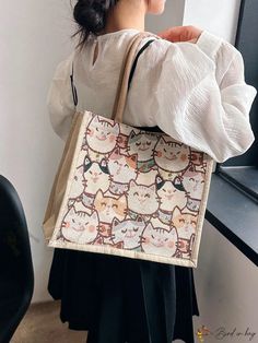 Bird in Bag - Cat Pattern Straw Tote Bag (Double) Cute Beige Rectangular Satchel, Casual Everyday Bag With Animal Design, Casual Shoulder Bag With Animal Design, Casual Everyday Bags With Animal Design, Casual Everyday Shoulder Bag With Animal Design, Rectangular Shoulder Bag With Animal Design For Shopping, Cute Rectangular Beige Canvas Bag, Cute Cat Design Rectangular Shoulder Bag, Cute Beige Square Bag