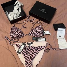 Pink/Black 2 Piece Versace Bathing Suit. Never Worn With Tags, Box, And Ribbon Versace Bathing Suit, Versace Pink, Swim Brands, Bathing Suit, Pink Black, Womens Swim, 2 Piece, Bathing Suits, Versace