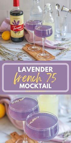 lavender french 75 cocktail in coupe glasses with lemons on the side