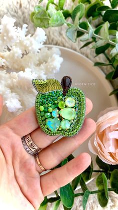 Handmade beaded green apple brooch 🍏💚 Green Beaded Brooches As Gift, Green Beaded Brooches For Gift, Handmade Round Beads Brooches For Gifts, Unique Green Brooches For Gifts, Unique Green Brooches As Gifts, Unique Green Brooch For Gift, Unique Handmade Green Brooches, Unique Green Beaded Brooches, Beaded Fruit