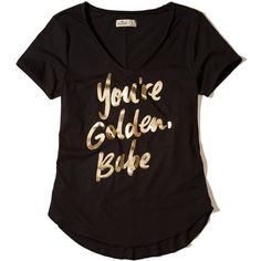 Hollister V-Neck Easy Graphic Tee (58 BRL) ❤ liked on Polyvore featuring tops, t-shirts, black with gold shine, curved hem t shirt, v neck t shirts, curved hem tee, graphic t shirts and v-neck tops Cut Up Shirts, Graphic Print Top, Girlfriend Shirts, Gold Shirt, Cheer Shirts, Tie Dye Shirts, Shirts Black, Graphic Tee Design, Graphic Tops