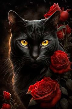 a black cat with yellow eyes surrounded by red roses