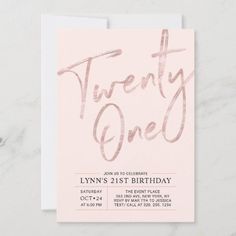 a white and pink birthday party card with the words twenty one on it's front